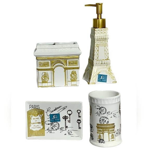 Paris Eiffel Tower Shower Curtain Fabric White Gold Multi Color 72 in X 72 in - Picture 12 of 16